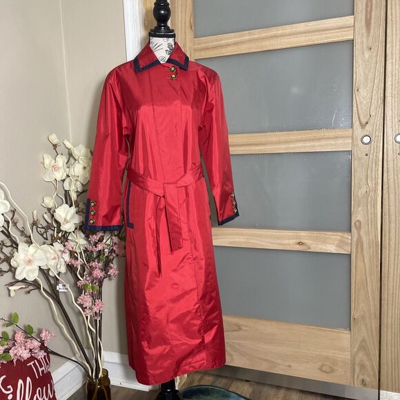 J Gallery Petite 5/6 Red Long Coat Vintage Colorful 80s Vintage Trench VTG - Picture 1 of 8
